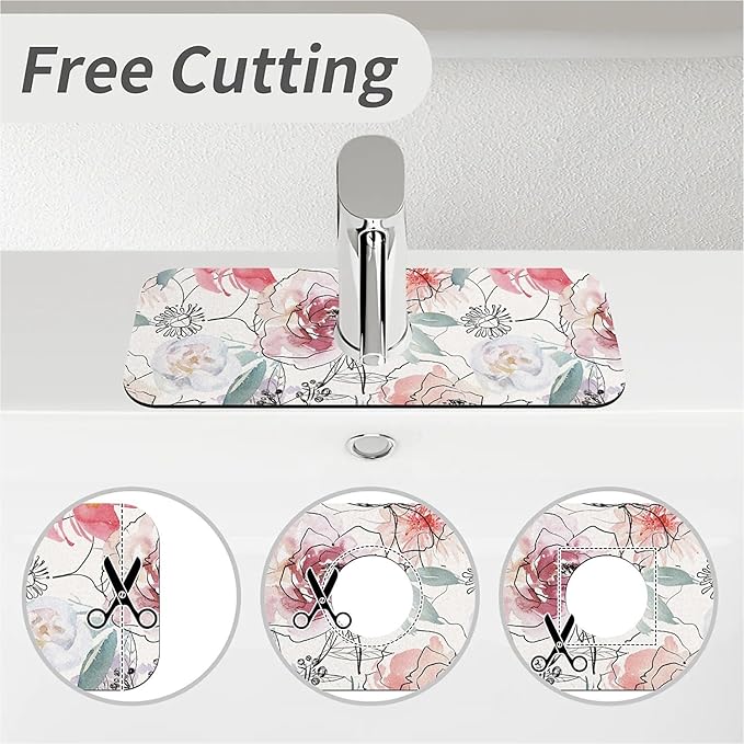 Kitchen Sink Splash Guard，Pink watercolor peonies Faucet Mat Sink Gadgets-Super Absorbent Fast Drying Mat Drip Catcher for Kitchen, Bathroom,Sink Mat, Dish Drying Mat, Bathroom(15" X 5.5" )