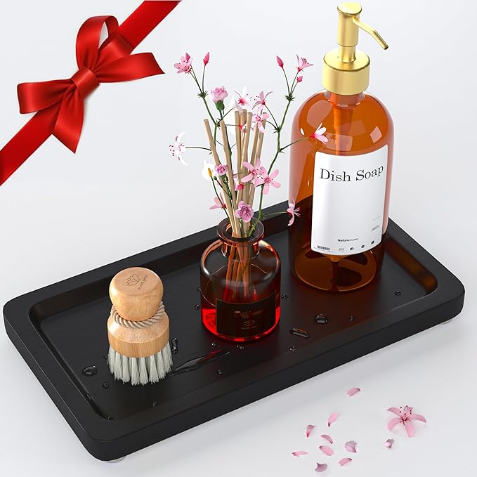 Black Bathroom Accessories Set 2 pcs - 9’’ Small Black Bamboo Tray for Bathroom, Wooden Bar Soap Holder for Shower, Kitchen Soap Dispenser Set for Sink, Kitchen Dish Tray Decor