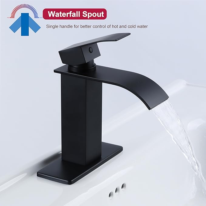 Matte Black Bathroom Faucet 3 Hole, Homikit 18/10 Stainless Steel Single Handle Waterfall Bathroom Sink Faucets Set for Sink 1 or 3 Hole for RV Vanity with Drain, Hooks, Deck Plate, Hoses