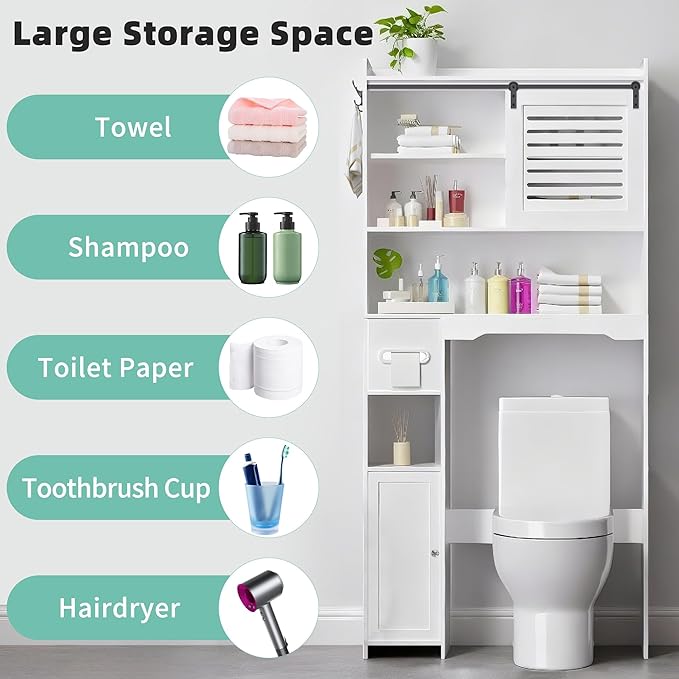 Over The Toilet Storage Cabinet, Bathroom Storage Cabinet Organizer, Above Toilet Rack with Door and Adjustable Shelves, Space Saver for Restroom, Laundry (White Right Side)