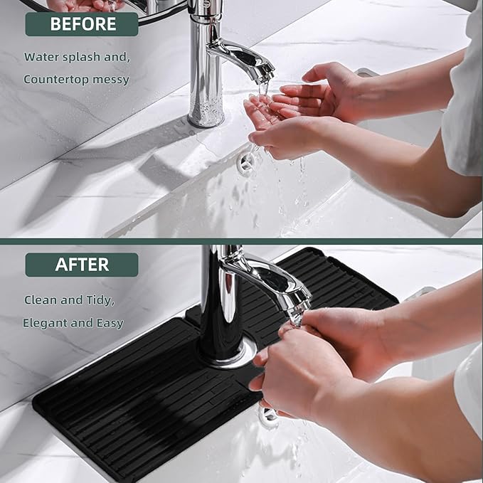 Faucet Mat for Kitchen Sink, Silicone Faucet Handle Drip Catcher Tray, Drying Mat as Sponge and Soap Holder with Lateral Inflow for Kitchen Bathroom Farmhouse & RV Sink Accessories (Black)