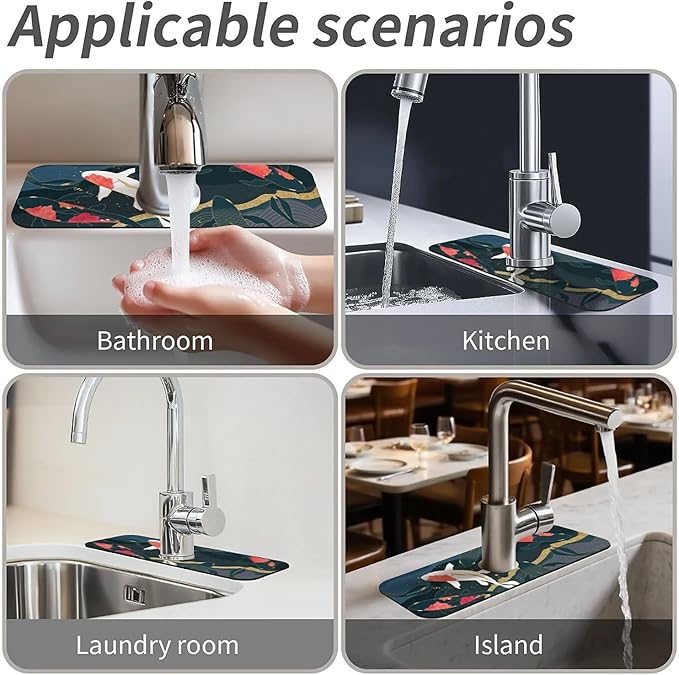Faucet Draining Mat For Kitchen Sink, Oriental Japanese Koi Fish Diatom Mud Absorbent Drain Pad For Bathroom Kitchen Sink Splash Guard Drying Mat