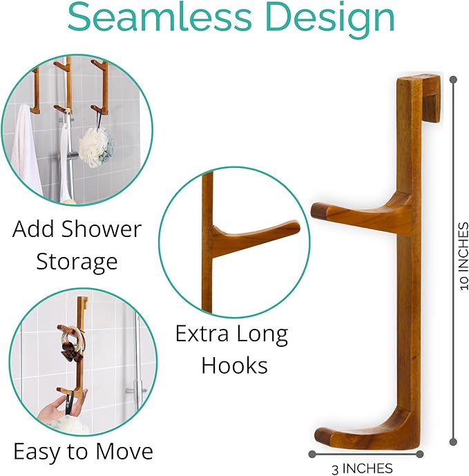 Towel Hooks for Shower Glass Door - Natural Wood, Heavy Duty, Moisture Proof, Large Hooks - Shower Door Towel Hook - No Drill Bathroom Organizer