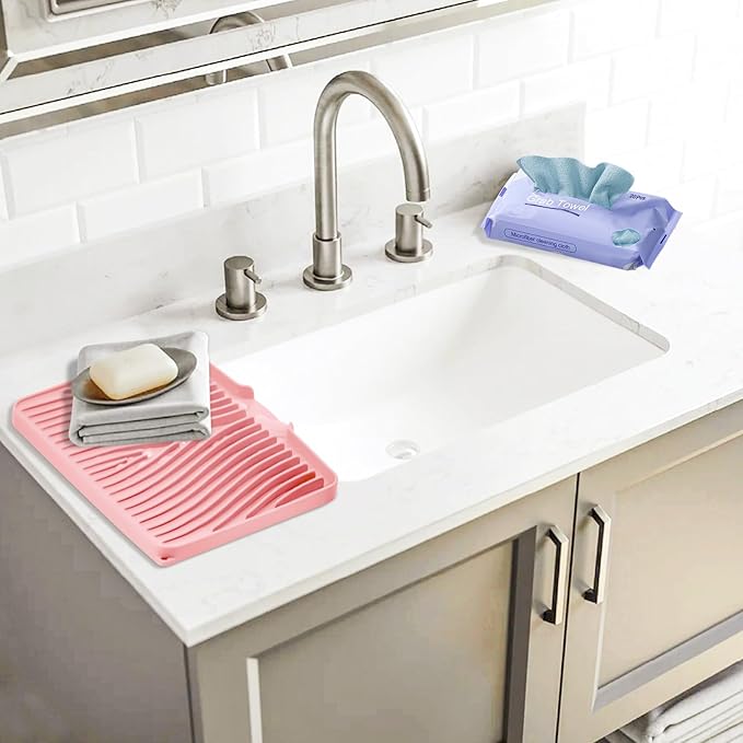 Silicone Dish Drying Mat, Stone Drying Mat for Kitchen Counter with Built-in Drain, Non-Slip 16" X 12" Drying Matt Kitchen Counter and Grey Microfiber Cleaning Cloth, Cleaning Rags Set(Pink)