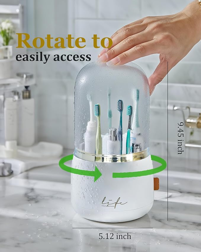 360° Rotating Toothbrush Holder for Bathroom, 7-Slot with Cover & Drainage for Electric Toothbrushes, Toothpaste, Razors - Stand Storage for Vanity, Bathroom Accessories, Countertop Organizer (White)