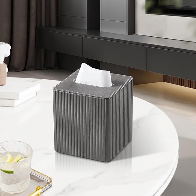 PU Leather Tissue Box Cover Square Tissue Box Holder with Magnetic Closure (Slate Grey)