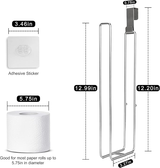 Bathroom Toilet Paper Holder with Storage, Over The Tank Toilet Paper Holder, Toilet Paper Roll Holder for 3 Rolls, Adhesive Tissue Holder for Bathroom, Silver, 2PC
