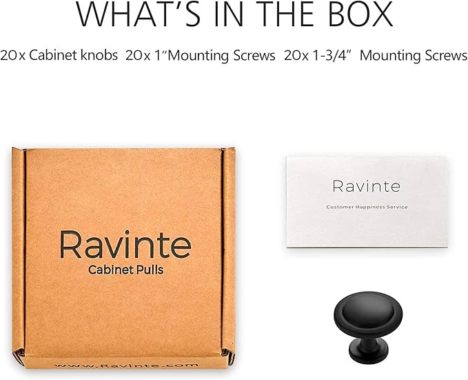 Ravinte 20 Pack 1-1/4 Inch Kitchen Cabinet Knobs Matte Black Zinc Pulls Door Handles for Dresser Drawers