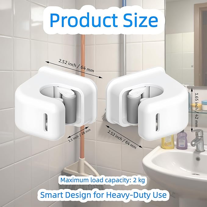 Broom and Mop Holder, 2 Pcs Wall Mount Mop Organizer Gripper Self Adhesive Anti-Slip Cleaning Suppliers Hanger Stands Rack for Bathroom, Garden, Kitchen, Garage Organization Storage