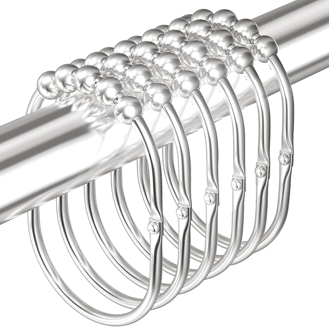 12PCS Wide Shower Curtain Hooks, Rust Proof Stainless Steel Shower Curtain Rings, Heavy Duty Shower Hooks for Bathroom Shower Rods Curtains, Easy Glide Rollers, Set of 12, Bright Chrome