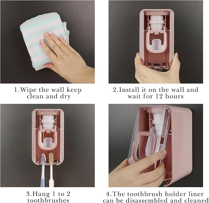 2 Slot Toothbrush Holder and Toothpaste Dispenser Wall Mounted, Automatic Toothpaste Squeezer, 2 in 1 Tooth Brush Toothpaste Organizer for Shower (Pink 2Pack)