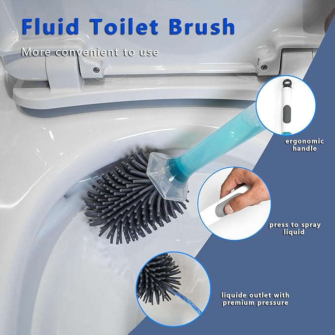 Silicone Toilet Brush and Holder Set, 1 Pack Bendable Toilet Scrubber for Curved Rim, Non-Scratch Drip-Resistant Brush with Sprayer, Space Saving Bathroom Essentials (1)