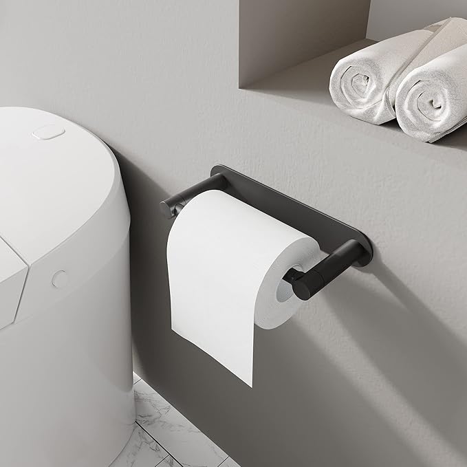 Adhesive Toilet Paper Holder Matte Black Double Post Pivoting Bathroom Toilet Tissue Holder Roll Holder Stick On No Drilling Stainless Steel and Zinc Alloy