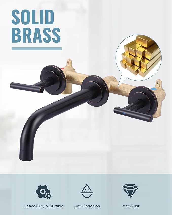 Wall Mount Bathroom Faucet:Oiled Rubbed Bronze Wall Faucet High Flow Two Handles Stainless Steels,Long Spout Reach,Widespread Bathroom Sink Faucet with Rough-in Valve 3 Holes Elegant Classic Spout