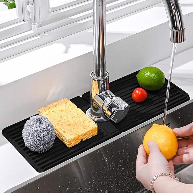 Faucet Mat for Kitchen Sink, Silicone Faucet Handle Drip Catcher Tray, Drying Mat as Sponge and Soap Holder with Lateral Inflow for Kitchen Bathroom Farmhouse & RV Sink Accessories (Black)