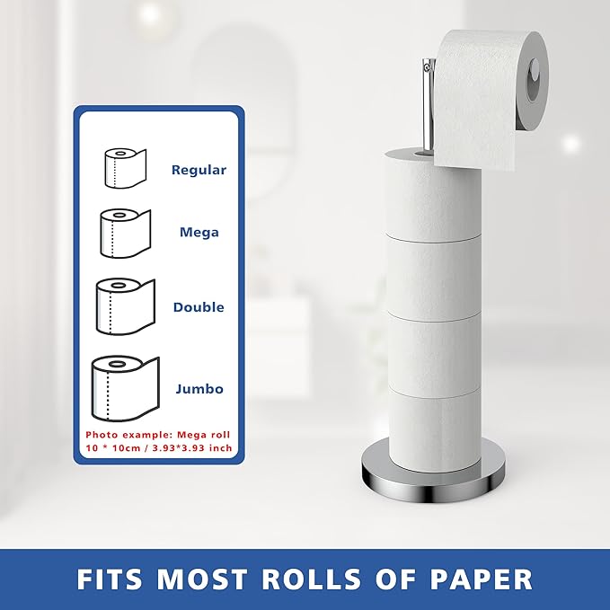 Free Standing Toilet Paper Rack, SUS304 180 Degree Rotatable Tissue Holder with Shelf, Polished Chrome Bathroom Storage Toilet Roll Stand
