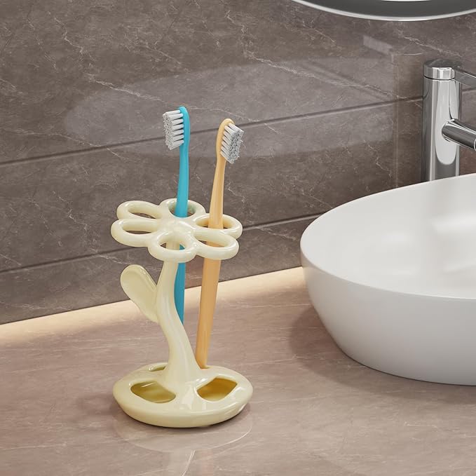 Toothbrush Holder for Bathroom, Flower Shape Ceramic Toothbrush Organiser, Holds 6 Standard Brushes (Mitch)