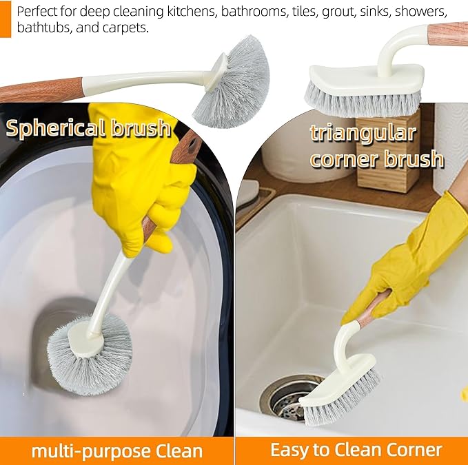 5-Pack Heavy Duty Scrub Brushes Set with Wooden Handles - Multi-Surface Cleaning for Kitchen, Bathroom, Tile & Grout Includes Spherical, Triangle, Square & Dish Brush for Tough Stains
