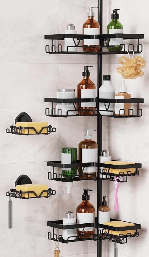 KEGII Shower Caddy Corner Tension Pole with 2 Suction Cup Soap Dishes, Rustproof 4-Tier Adjustable Bathroom Organizer, No-Drill Shower Storage Rack for, Fits 25–114.2 Inch, Black