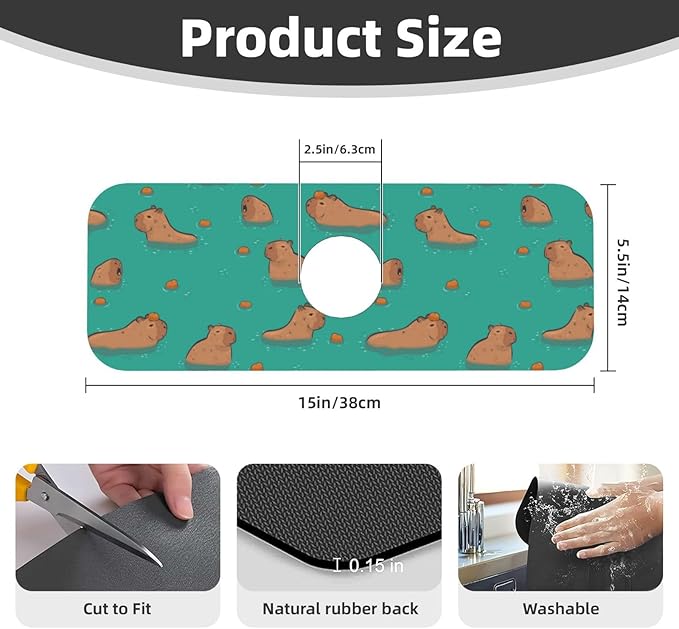 Cute Capybara Play Eat Food Kitchen Sink Splash Guard Faucet Mat Super Absorbent Fast Drying Mat Sink Gadgets-Fast Drying Pad Sink Mat For Kitchen Bathroom (15" X 5.5" )
