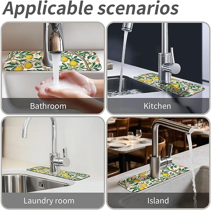 Kitchen Sink Splash Guard，Lemon-tree Faucet Mat Sink Gadgets-Super Absorbent Fast Drying Mat Drip Catcher for Kitchen, Bathroom,Sink Mat, Dish Drying Mat, Bathroom(15" X 5.5" )