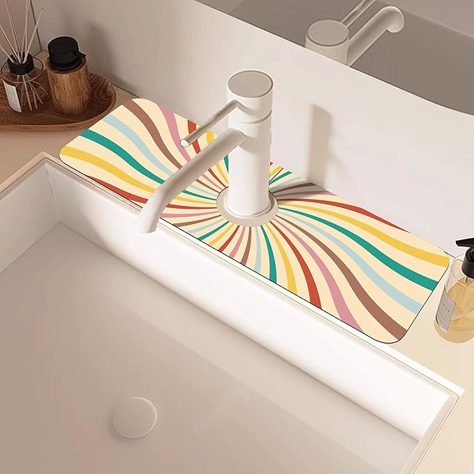Groovy Retro Swirl Kitchen Sink Splash Guard Mat Absorbent Fast Drying Mat Faucet Draining Mat Sink Splash Guard Behind Faucet Drip Catcher for Kitchen Bathroom 5.5"×15"