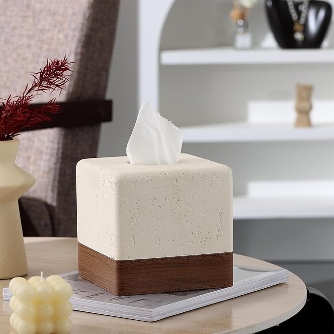 Tissue Box Cover Square, Resin Facial Tissue Holder Covers Toilet Paper Holder Decorative Travertine Paper Dispenser Home Decor for Bathroom Bedroom Living Room Office