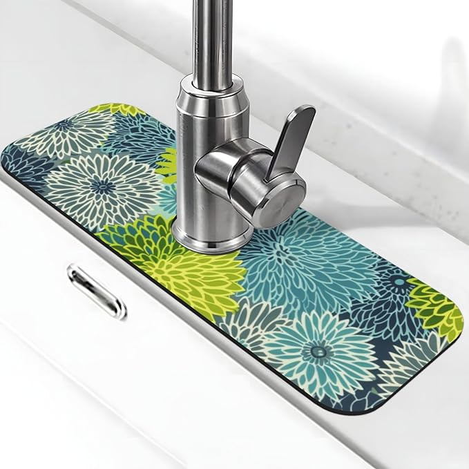 Kitchen Faucet Mat 15 x 5.5 Inch Abstract retro flower Faucet Draining Mat Farmhouse Absorbent Drying Mat Sink Splash Guard Behind Faucet Drip Catcher for Kitchen Bathroom