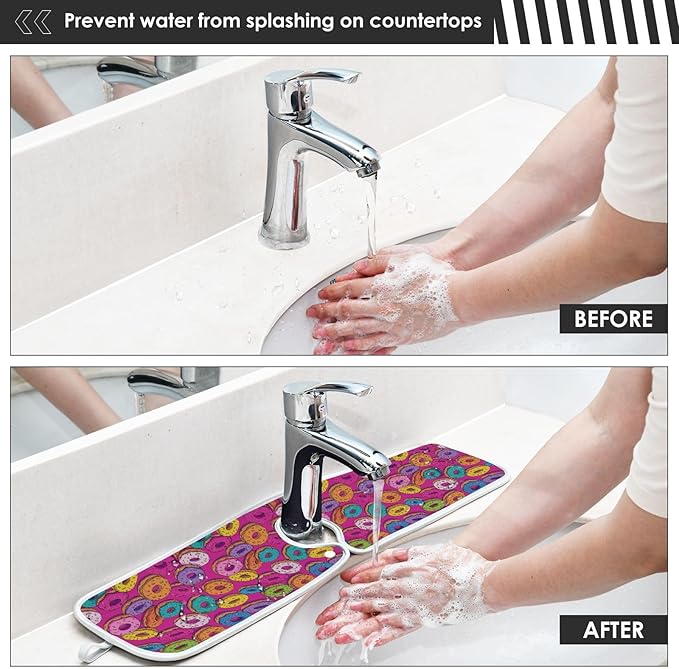 2 PCS Kitchen Sink Splash Guard 14.9 Inch Faucet Mat for Kitchen Sink Bathroom Sink Faucet Absorbing Drip Drain Mat Pad Microfiber Soft Washable Cute Colorful Donuts