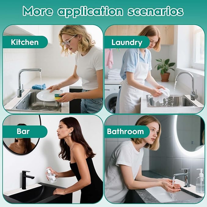 16 Inch Stone Faucet Mat for Kitchen Sink,Kitchen Sink Splash Guard-Water Absorbing Stone Tray for Sink,Super Absorbent, Diatomite Protector with Drainage for Kitchen Bathroom Counter(White）