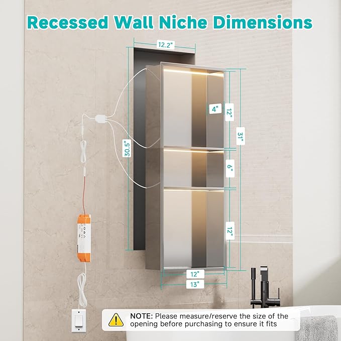 Stainless Steel LED Lights Shower Niche 12" x 30" – Recessed Wall Niche with 3-Tier Storage, Waterproof & Rustproof Modern Bathroom Shower Shelf (Brushed)