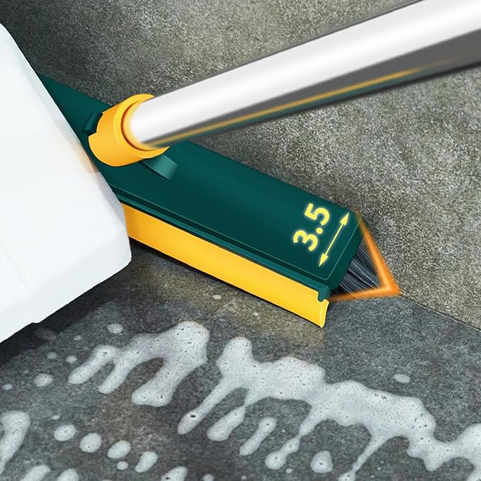2 in 1 Floor Brush Scrubber with Long Handle Rotating Grout Brush Scrape V Shape Scrub Brush with Squeegee Deck Scrubber Brush for Deck Bathroom Kitchen (Yellow and Green)
