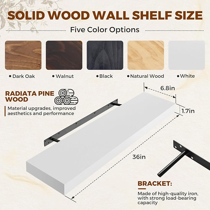 Floating Wall Shelf 36x6.8x1.7 Inch – Solid Wood Shelf in White Finish – Heavy Duty Wall Mounted Rustic Display Shelf for Living Room, Kitchen, Bedroom, Hallway – Set of 2