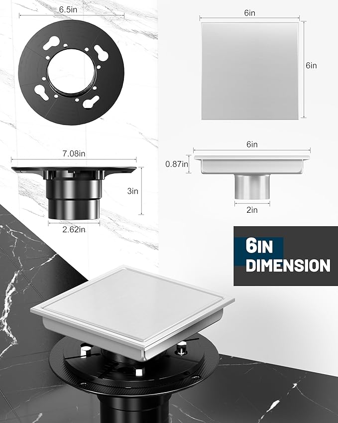 6 Inch Square Shower Drain with Flange Reversible 2-in-1 Cover Tile Insert Grate SUS 304 Stainless Steel, Hair Catcher, Anti-Clog, Rust-Resistant, Fast Drainage (Brushed)