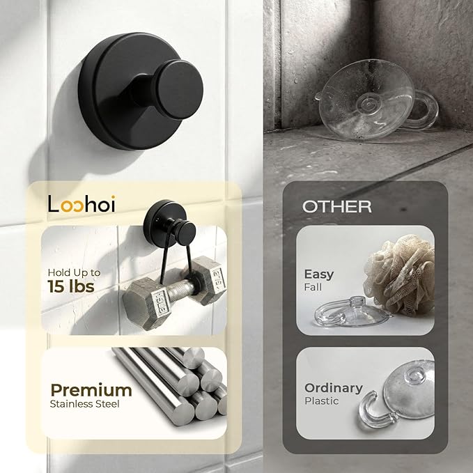 Upgraded Suction Cup Hooks for Shower, Heavy Duty Removable Towel Hooks for Bathroom Glass Door Wall, Stainless Steel Shower Hooks for Towel & Loofah (2 Pack, Black)