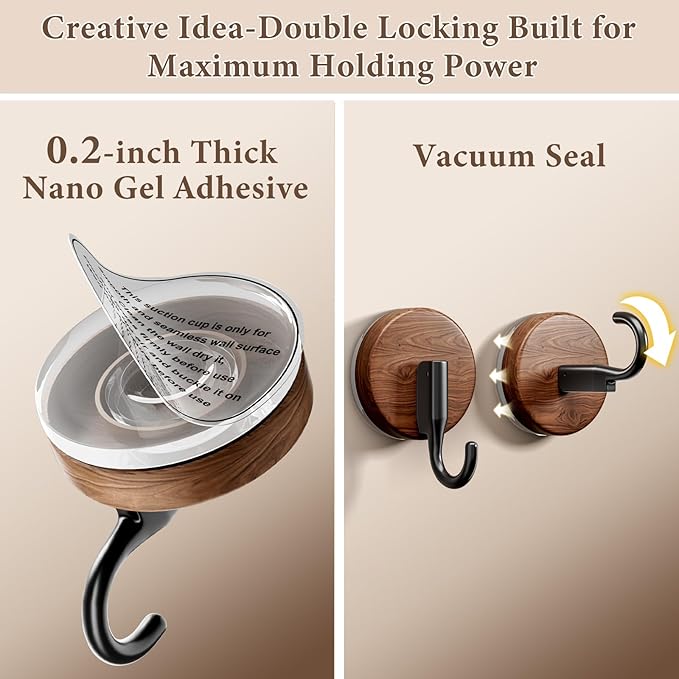 Suction Cup and Adhesive Tape Double Locking Hook,Wall Hook,Towel Hook, Shower Hook,for Bathroom,Kitchen,Loofah, Towel,Coat,Heavy Duty,Waterproof & Rustproof,Reusable(J Shape, 4 Counts)