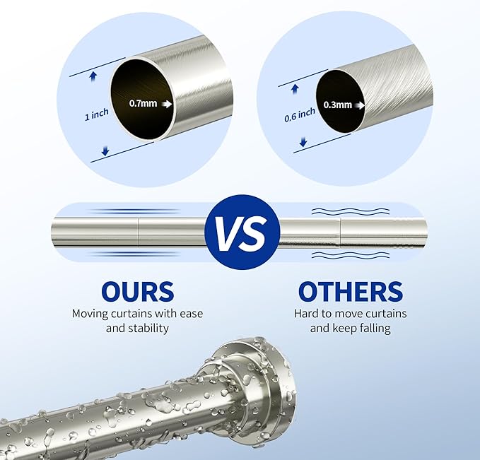 Shower Curtain Rod, 1" Diameter Heavy Duty Tension Shower Rod, Non Slip Adjustable 28-46 inch No Drilling Shower Curtain Rods Spring Tension For Bathroom, Shower Stall, No Rust, Nickel