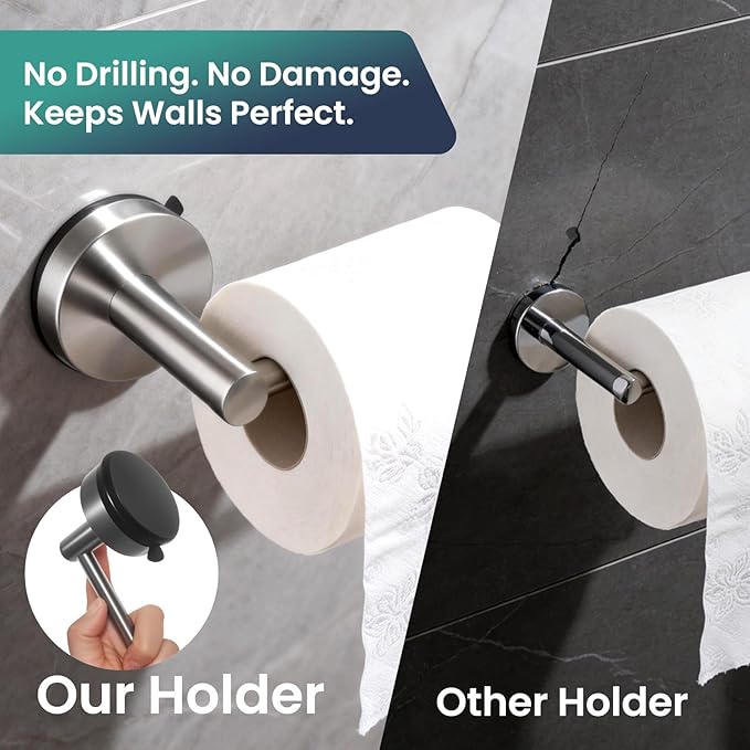 Removable Suction Cup Toilet Paper Holder, No Drilling Bathroom Wall Mount Tissue Roll Holder Brushed Nickel Stainless Steel Damage-Free Easy Install & Reposition Fits Smooth Surfaces