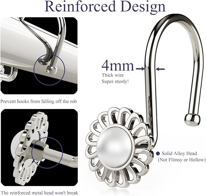 Nickel Shower Curtain Hooks Rings, Decorative Shower Curtain Hangers, Heavy Duty Metal Shower Rings, Sunflower Shower Hooks for Shower Curtain Rod and Liner, Bathroom Curtain Hooks, Set of 12