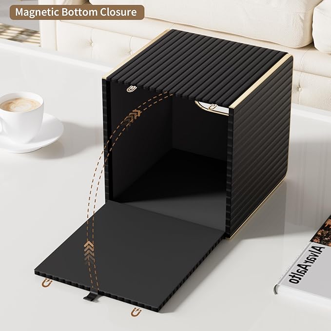 Tissue Box Cover,Black Square Luxury PU Leather Tissue Holder with Gold-Tone Edging Accents,Tissue Box Cover for Bathroom Toilet Bedroom Living Room Table Desk Office,Coffee Table Decor