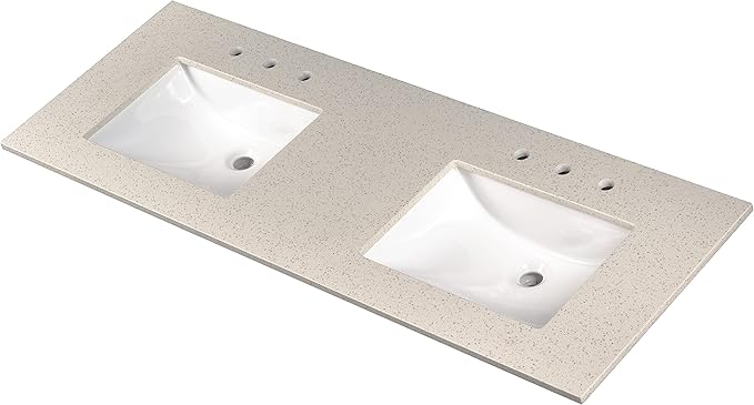 MSI Iced White Vanity Top with Under Mount Rectangle Double Bowl Ceramic Sinks, Engineered Marble Stone, 4" CC Faucet Holes, 61"X22"