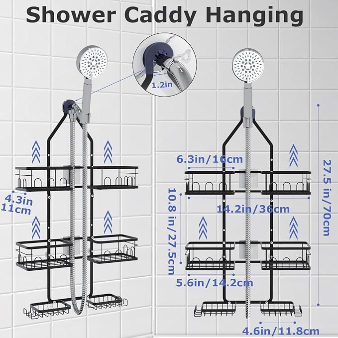 Shower Caddy Hanging Upgraded Adjustable Rustproof Shower Caddy Shower Organizer for Over Handheld or Fixed Shower Heads with Hooks Soap Holder Toothbrush Holder