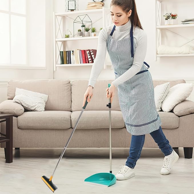 Veemoon Double-Sided Floor Scrub Brush for Grout and Tile Bathroom Floor Scrubber Brush with Long Handle Yellow-Green Upgrade Deep Corner Cleaning