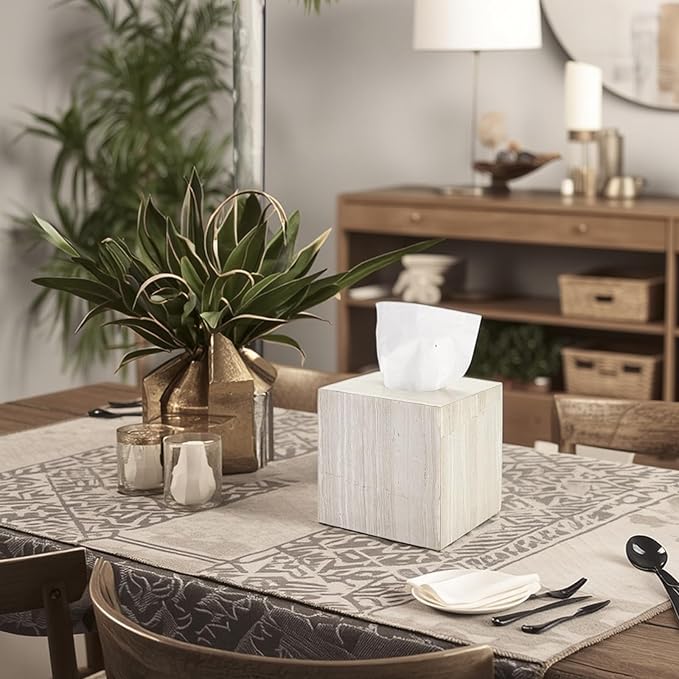 Natural Marble Tissue Box Holder Cover, Square Cube Tissue Box Holder with Open Bottom for Bathroom Vanity Tops, Bedroom Dressers, Kitchen Countertop, Gray Wood Grain (NS035)