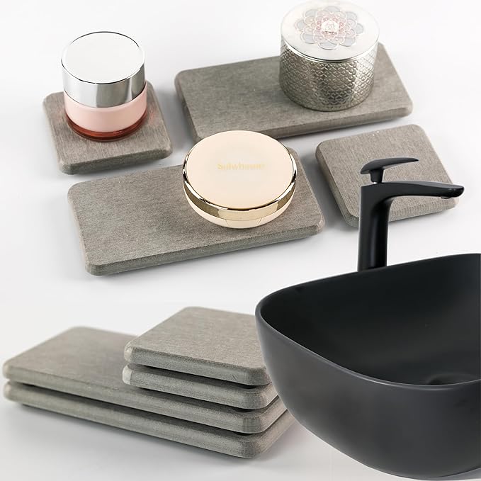 Water Absorbent Stone Tray for Sink, Quick-Drying Diatomite Soap Dish, Modern Home Kitchen & Bathroom, 2pcs 3.15 x 3.15in + 2pcs 6.3 x 3.15in, Grey