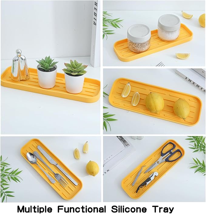 Silicone Kitchen Sink Organizer Tray for Multiple Usage,Easy Clean,Eco-Friendly Sponges Holder for Kitchen Bathroom Counter or Sink,Dish Soap Dispenser,Scrubber,Bottle,Cup Yellow 12" x 4”