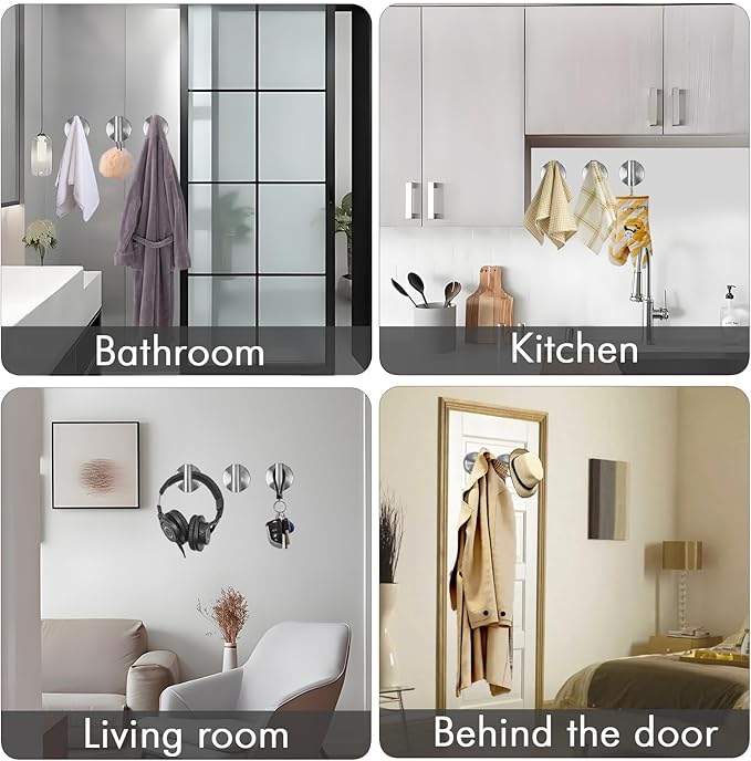 10 PCS Suction Cup Shower Towel Hooks, Wall Mount Robe Holder, Heavy Duty No Drill Wall SUS304 Waterproof Stainless Steel Hooks for Bedroom, Bathroom, Kitchen, Hotel and Office (Brushed Nickel)
