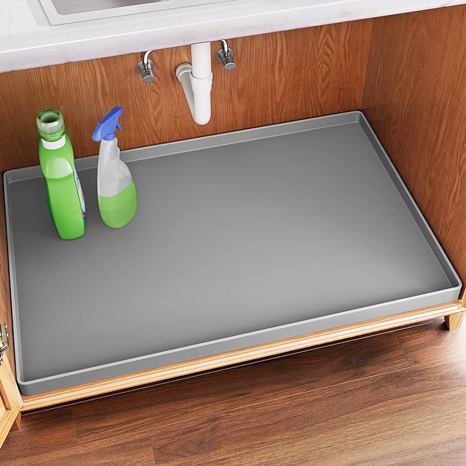 FLATO Waterproof Under Sink Mat 25" x 19" Shelf Liner for Kitchen and Bathroom, Cabinet Protector, Organizers and Storage, Flexible Silicone Drip Tray