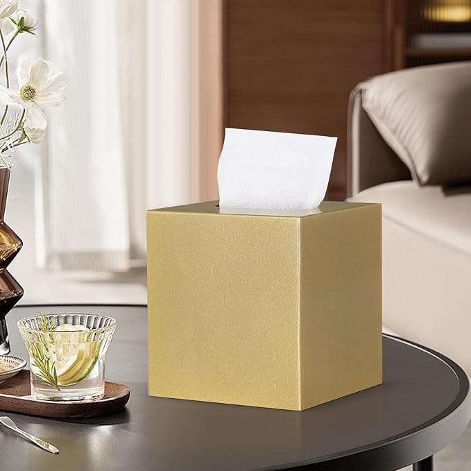Metal Square Tissue Box lid, Modern Facial Tissue Holder for Bathroom Vanity Tops, Bedroom Dressers, Nightstands, Desks, Offices (Gold)