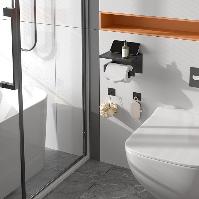 HITSLAM Matte Black Toilet Paper Holder with Shelf & 4 Towl Sticky Hooks, Self-Adhesive or Screw Mount Toilet Paper Roll Tissue Holder, SUS 304 Stainless Steel, Rustproof for RV& Bathroom Home